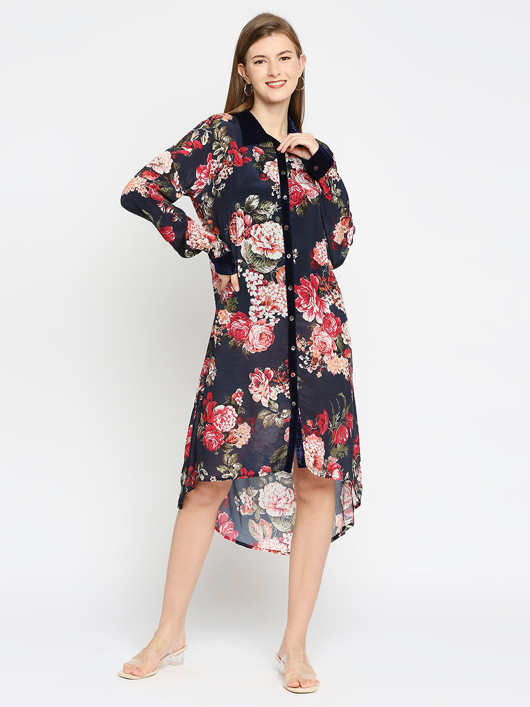 Navy Blue Floral Printed Button up Dress