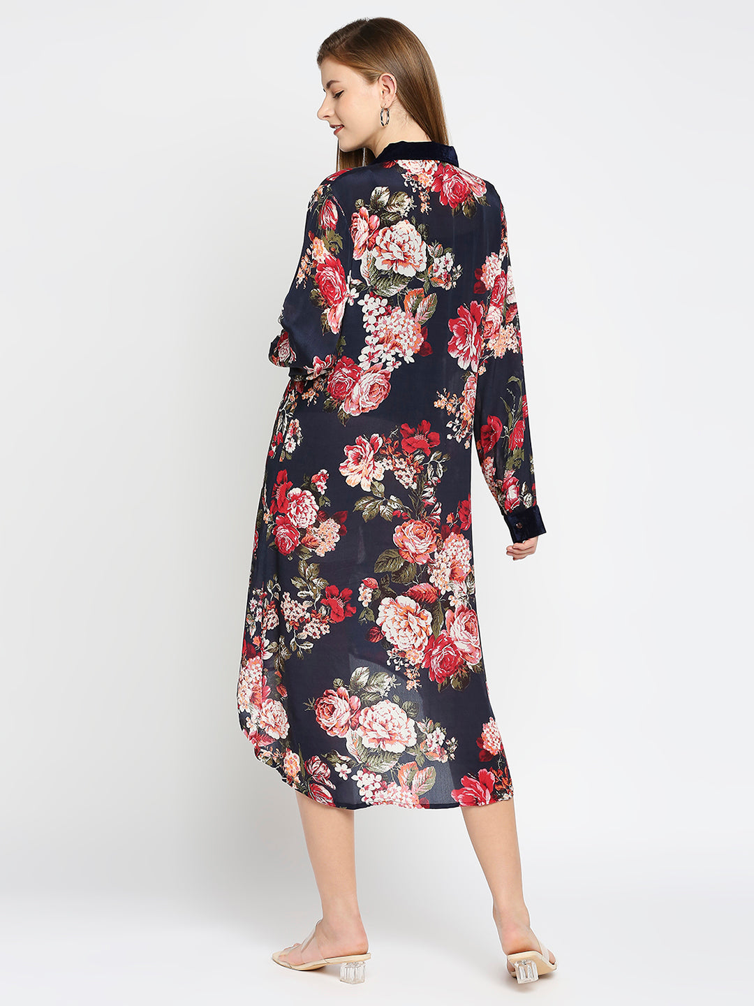 Navy Blue Floral Printed Button up Dress