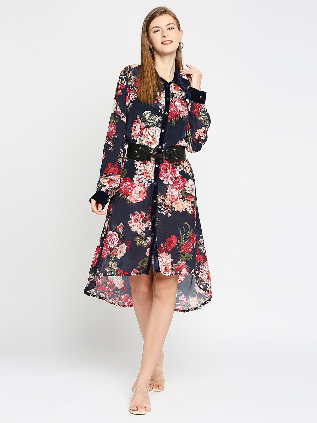 Navy Blue Floral Printed Button up Dress