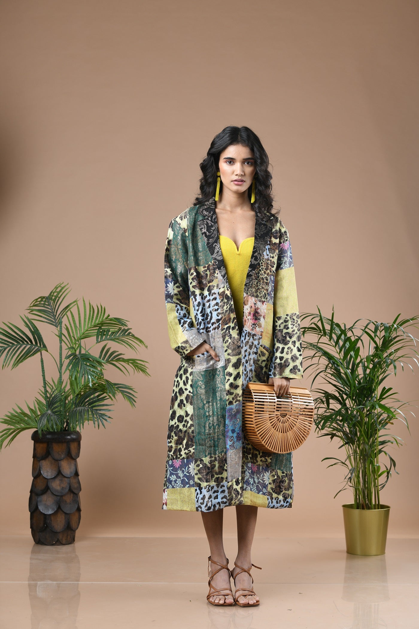 Patchwork Printed Metallic Long Blazer