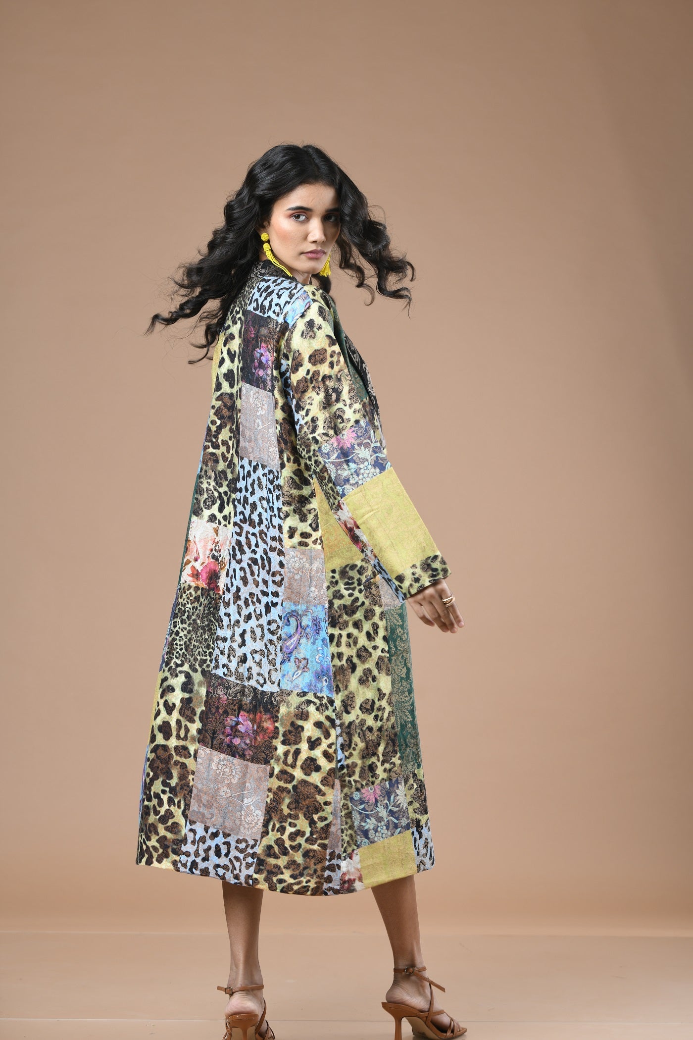 Patchwork Printed Metallic Long Blazer