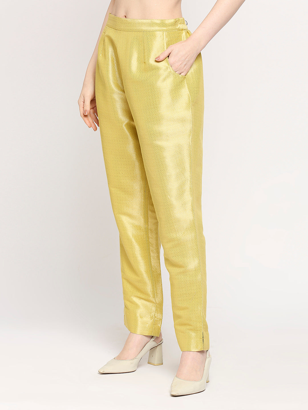 Lime Green Diamond Dobby Gold Design Brocade Pant