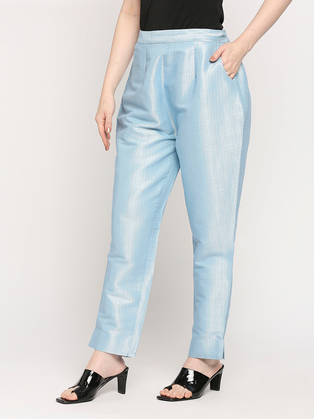 Ice Blue Zigzag Dobby Silver Design Brocade Pant