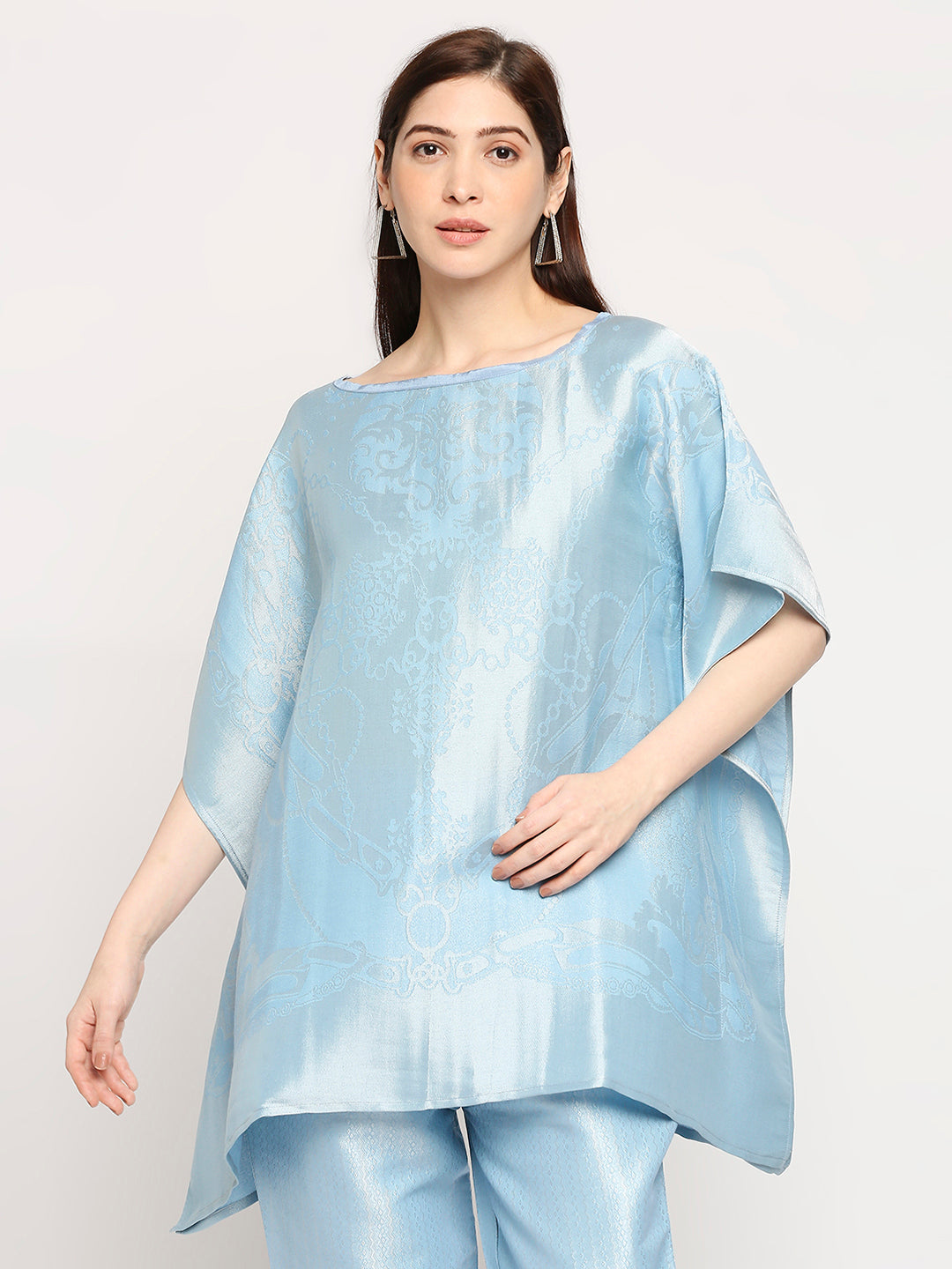 French Rope & Chains Patterned Ice Blue Brocade short Kaftan