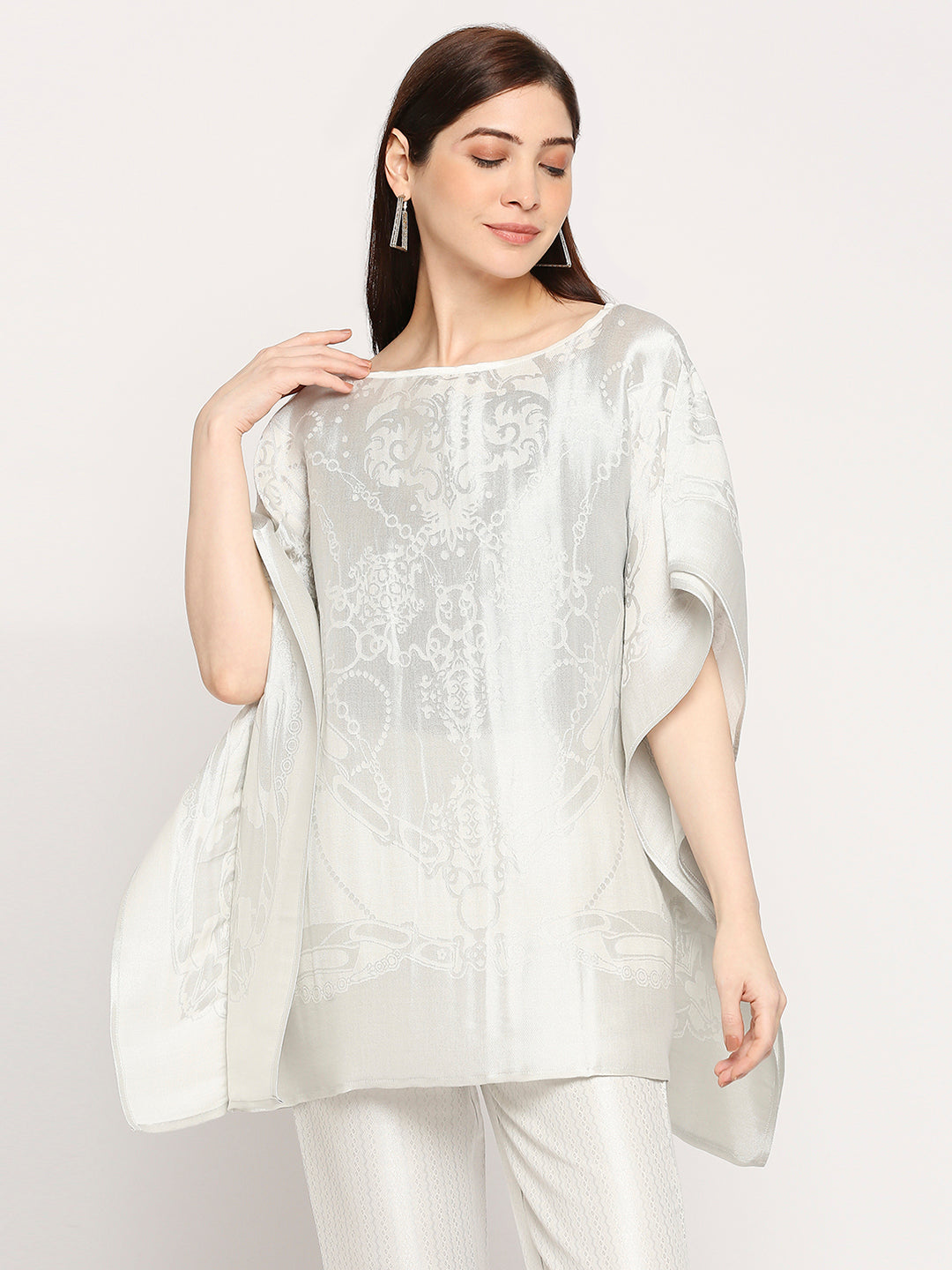 French Rope & Chains Patterned Silver Brocade short Kaftan