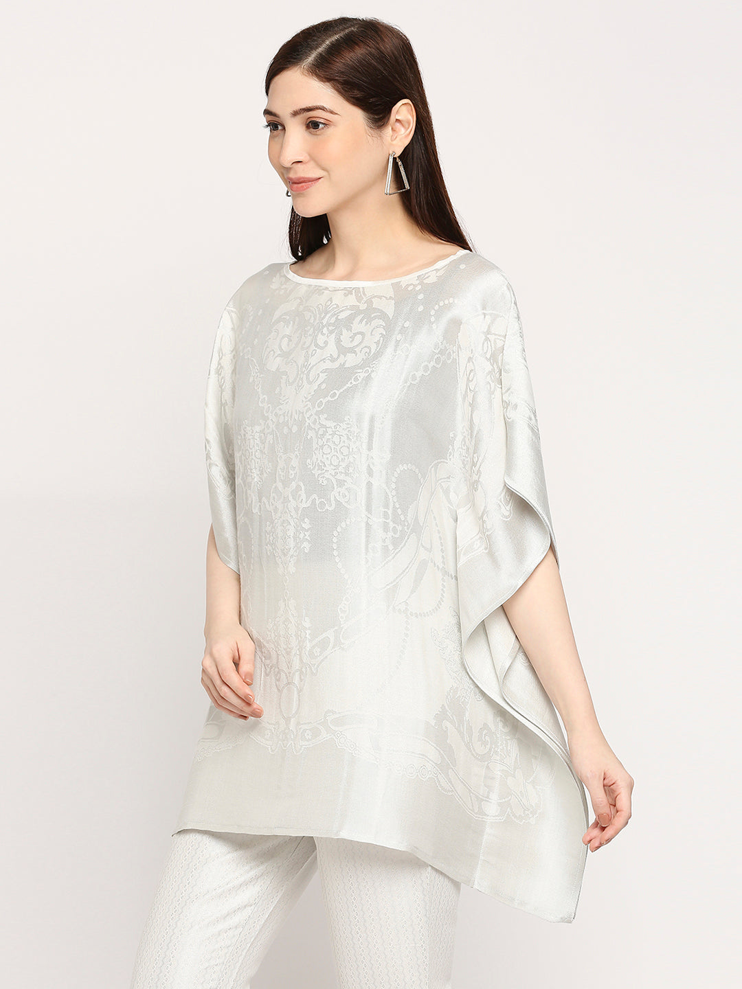 French Rope & Chains Patterned Silver Brocade short Kaftan
