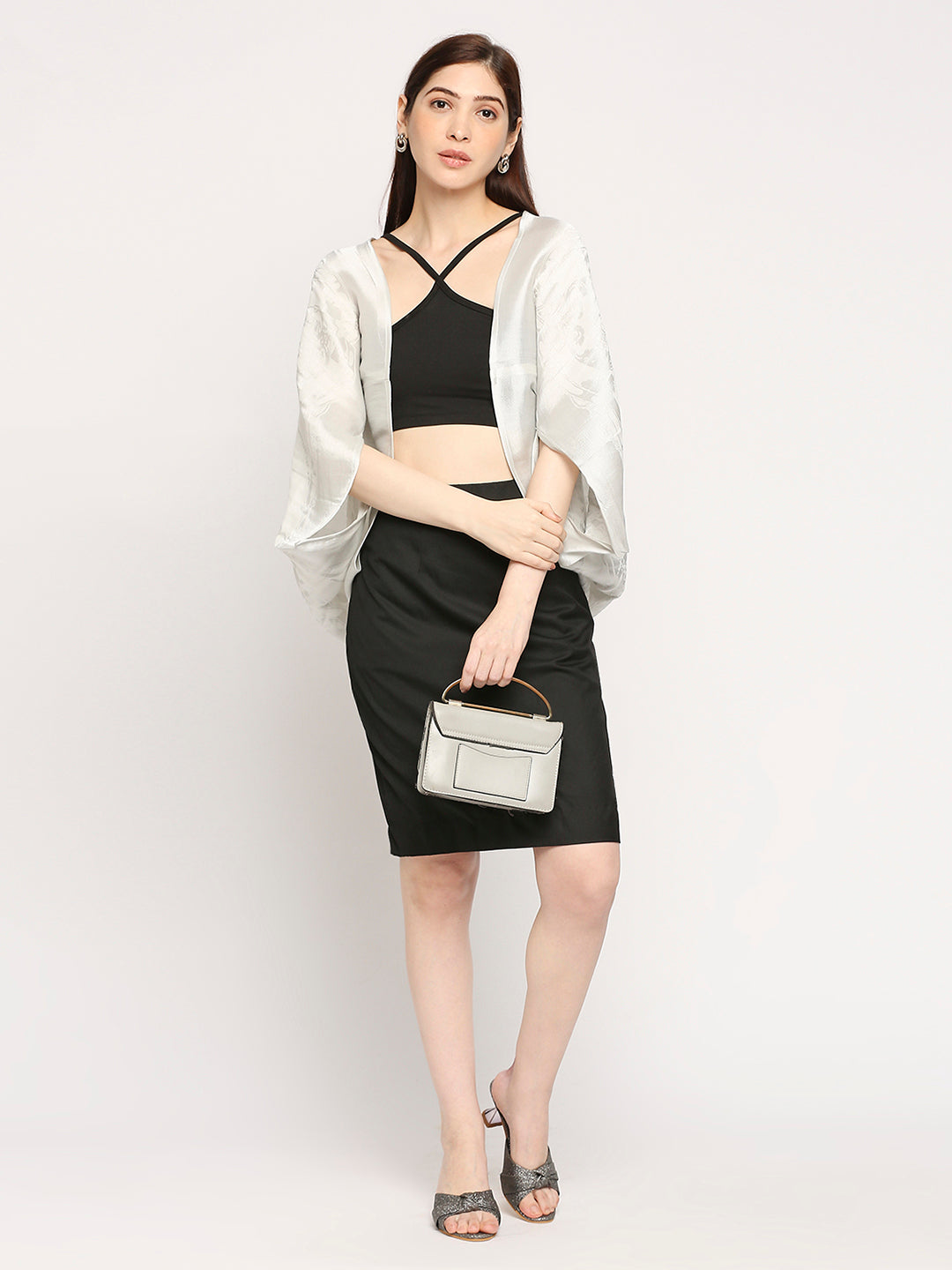 Roman Pattern White Brocade Cocoon Shrug