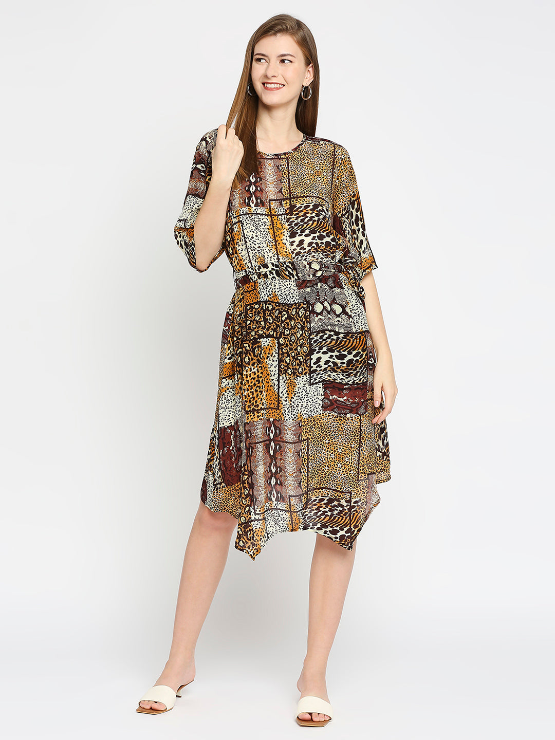 Brown Animal Printed Asymmetric Dress