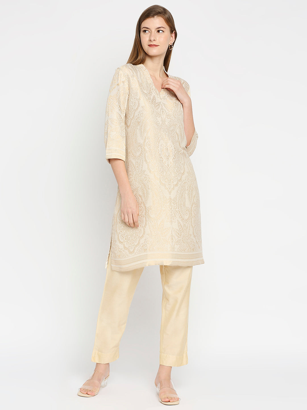 Brocade Off White Leaf Motif Design Kurta