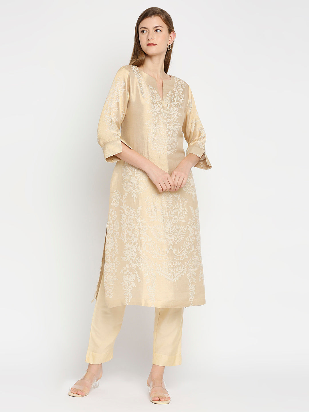 Brocade Paisley Off White Kurta Set