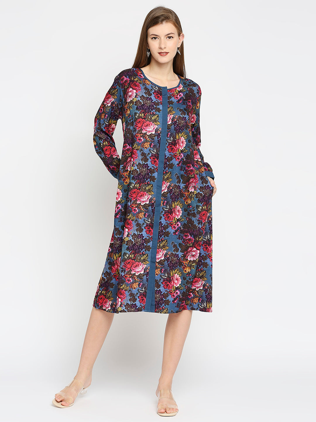 Blue Flower Printed Long Sleeves Tunic