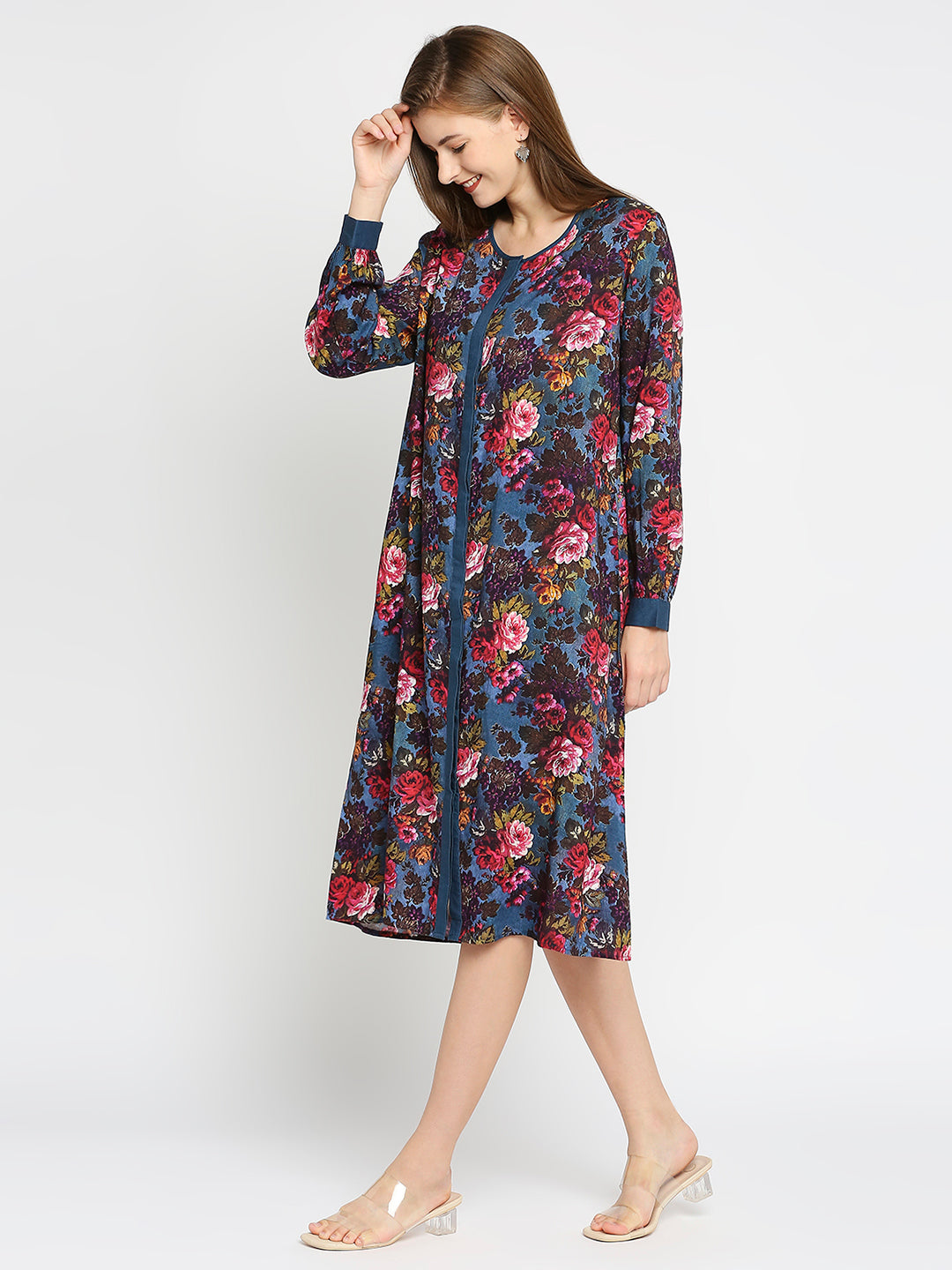 Blue Flower Printed Long Sleeves Tunic