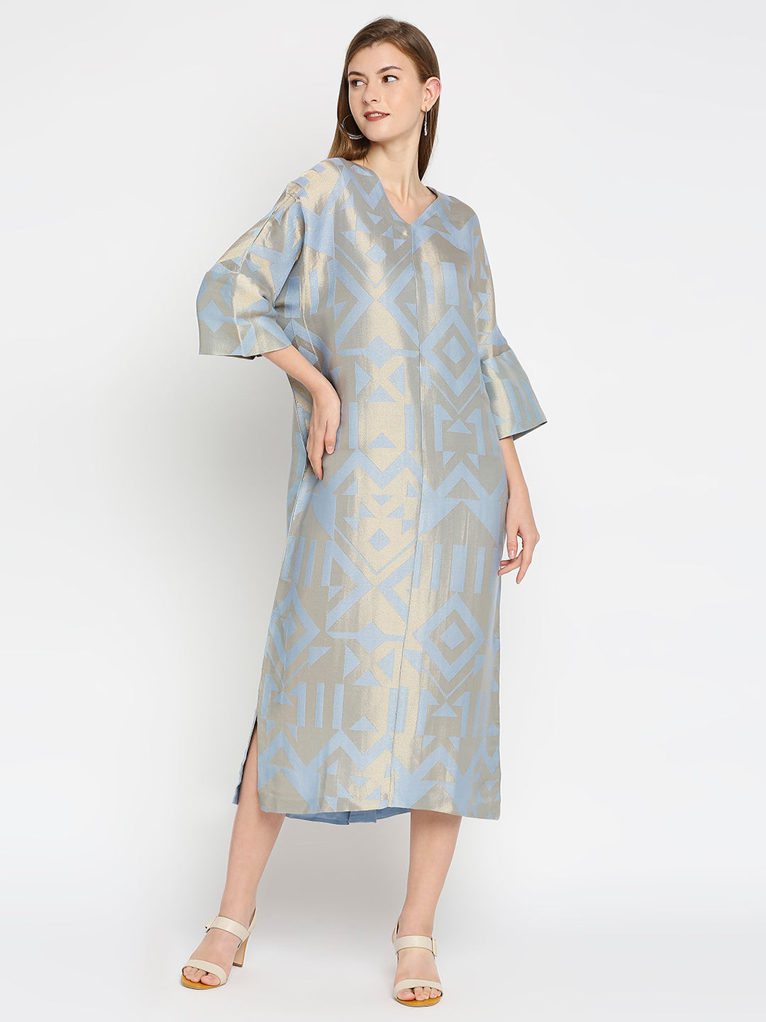 Blue Geometric Printed Brocade Tunic Dress