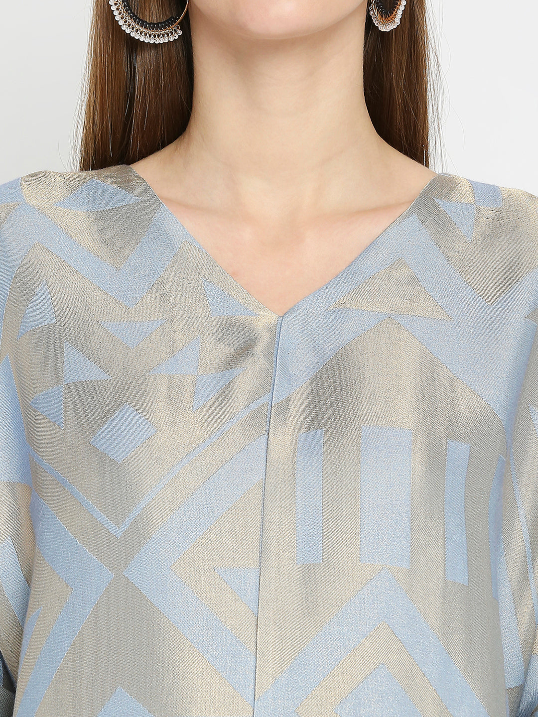 Blue Geometric Printed Brocade Tunic Dress