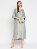 Blue Geometric Printed Brocade Tunic Dress