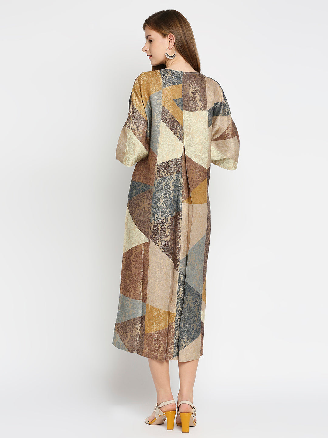Beige Geometrical Print Brocade Tunic Dress