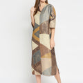 Beige Geometrical Print Brocade Tunic Dress