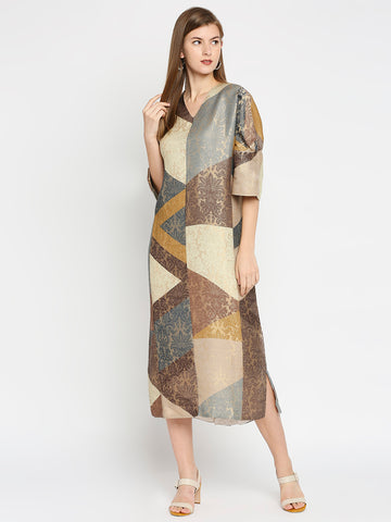Beige Geometrical Print Brocade Tunic Dress