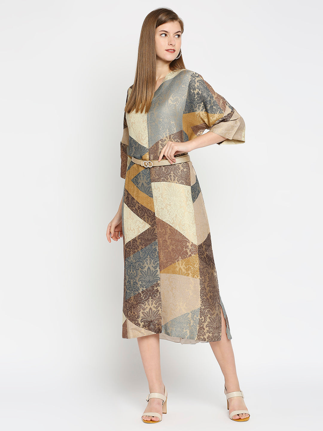 Beige Geometrical Print Brocade Tunic Dress
