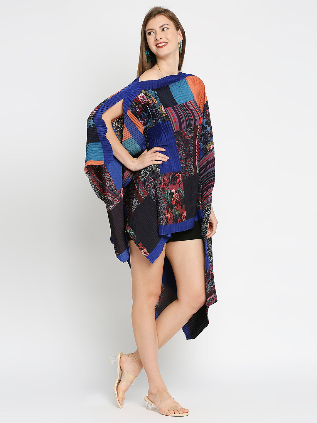 Blue Patch Printed Off Shoulder Pleated Poncho