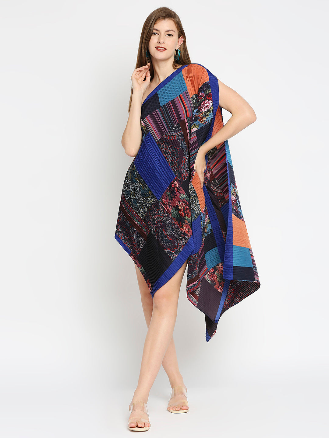Blue Patch Printed Off Shoulder Pleated Poncho