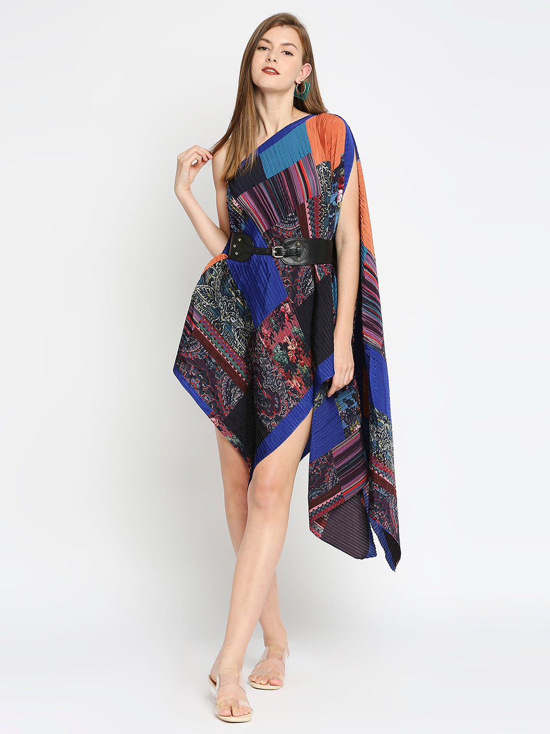 Blue Patch Printed Off Shoulder Pleated Poncho
