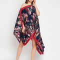 Blue Floral Printed Off Shoulder Pleated Poncho
