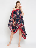Blue Floral Printed Off Shoulder Pleated Poncho