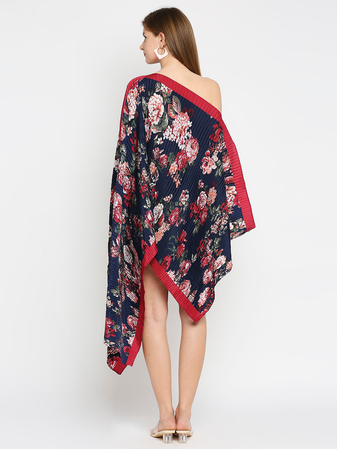 Blue Floral Printed Off Shoulder Pleated Poncho