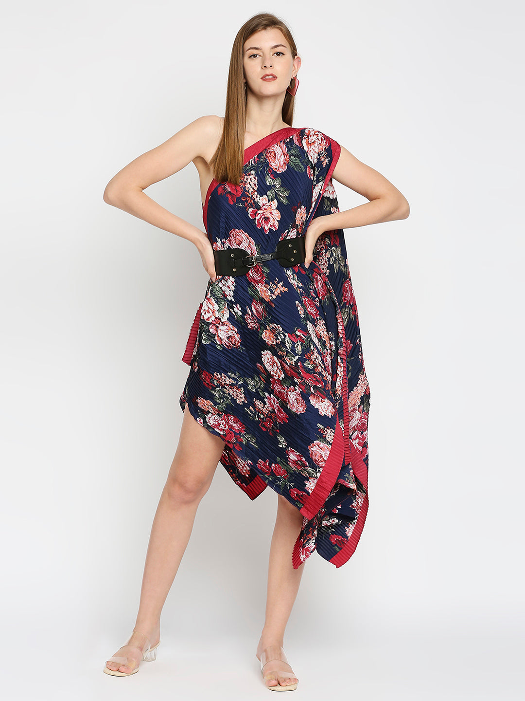 Blue Floral Printed Off Shoulder Pleated Poncho