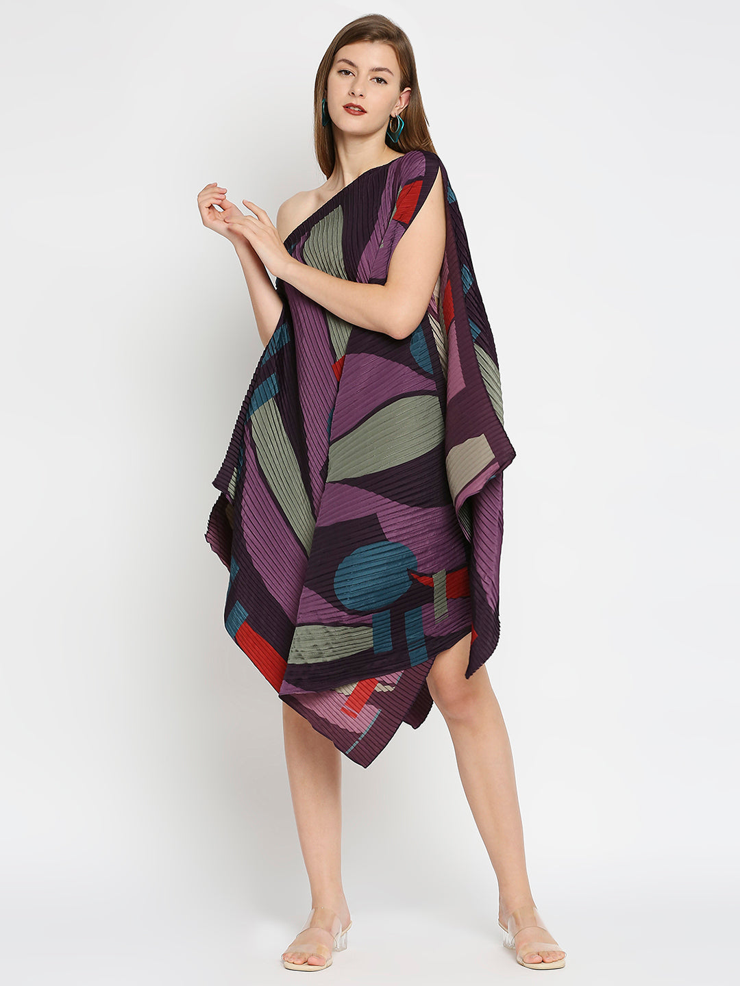 Geometric Printed Purple Pleated Poncho