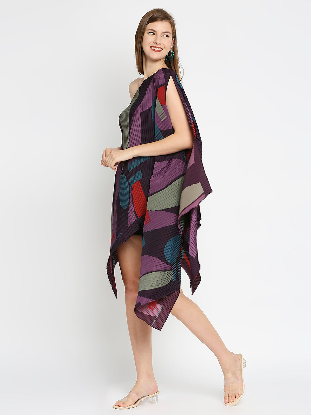 Geometric Printed Purple Pleated Poncho