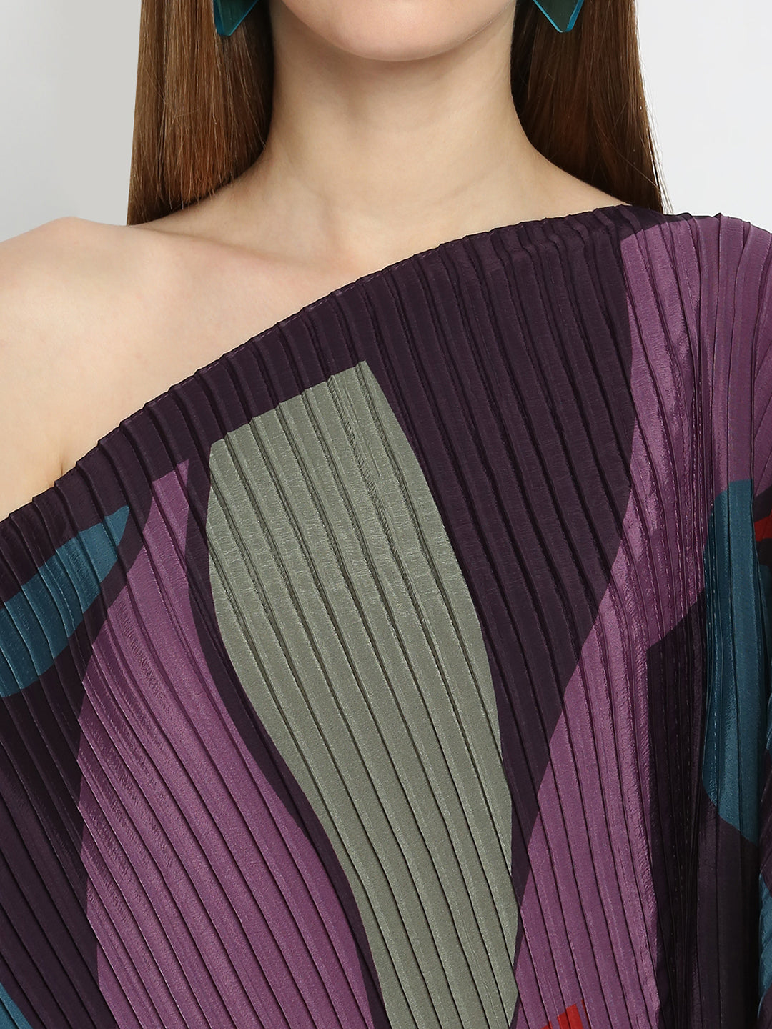Purple Geometric Printed Off Shoulder Pleated Poncho