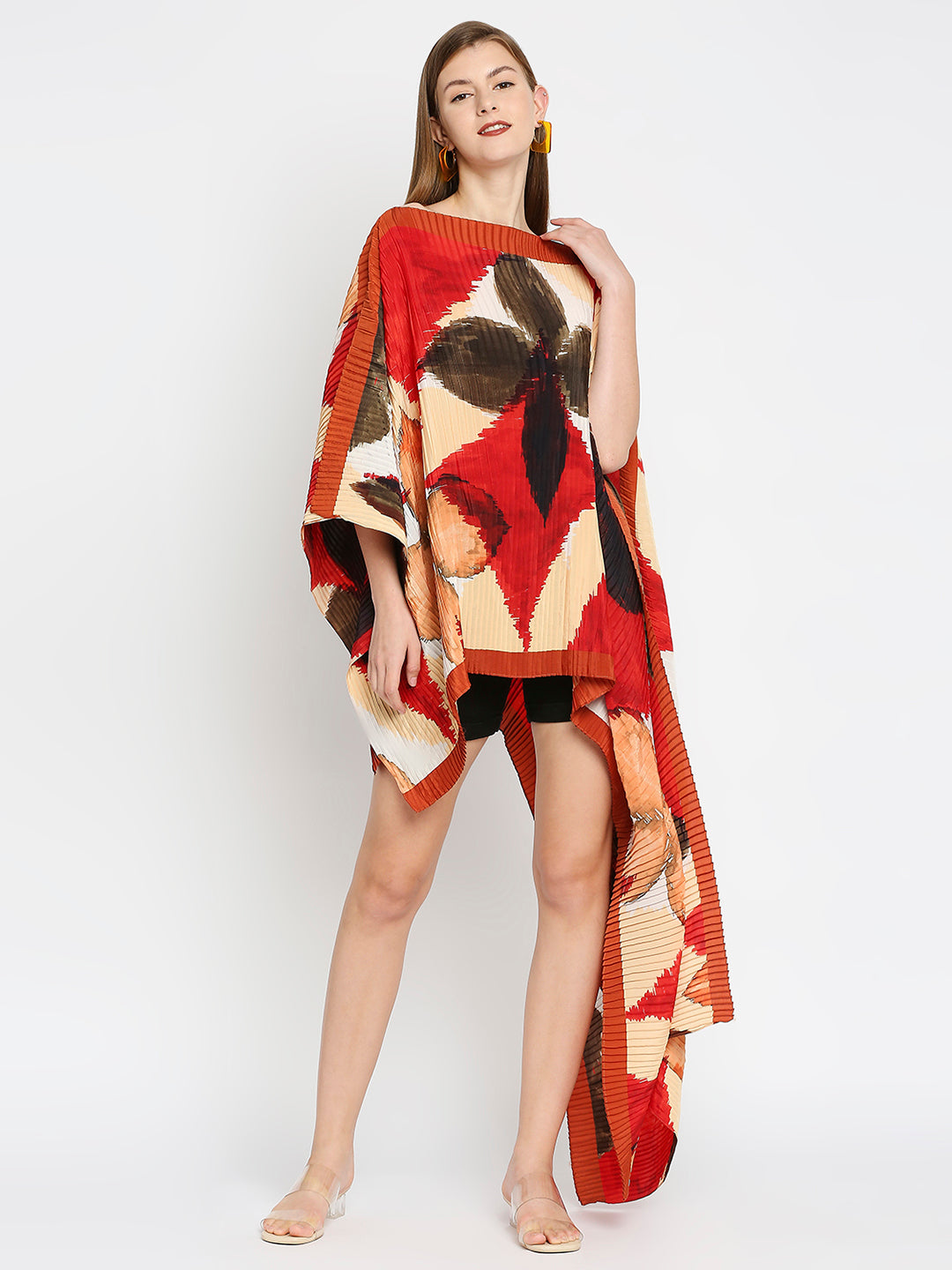 Beige & Red Art Printed Off Shoulder Pleated Poncho