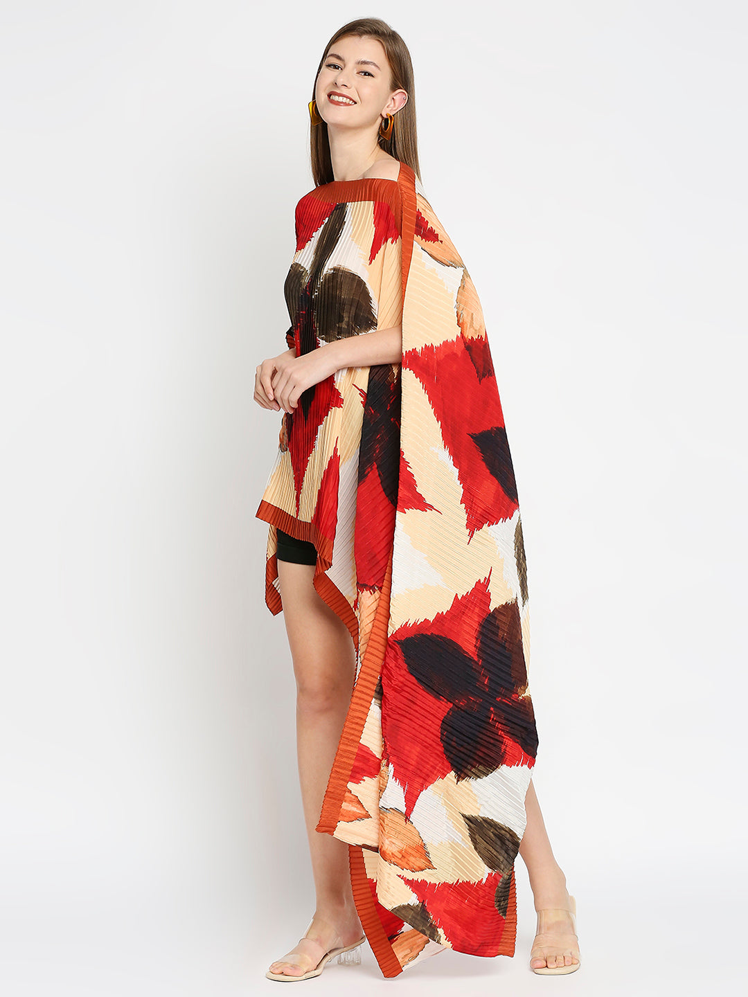Beige & Red Art Printed Off Shoulder Pleated Poncho