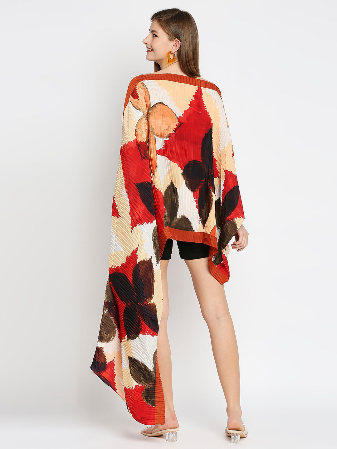 Beige & Red Art Printed Off Shoulder Pleated Poncho