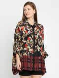 Black Floral Printed Collared  Kaftan Shirt