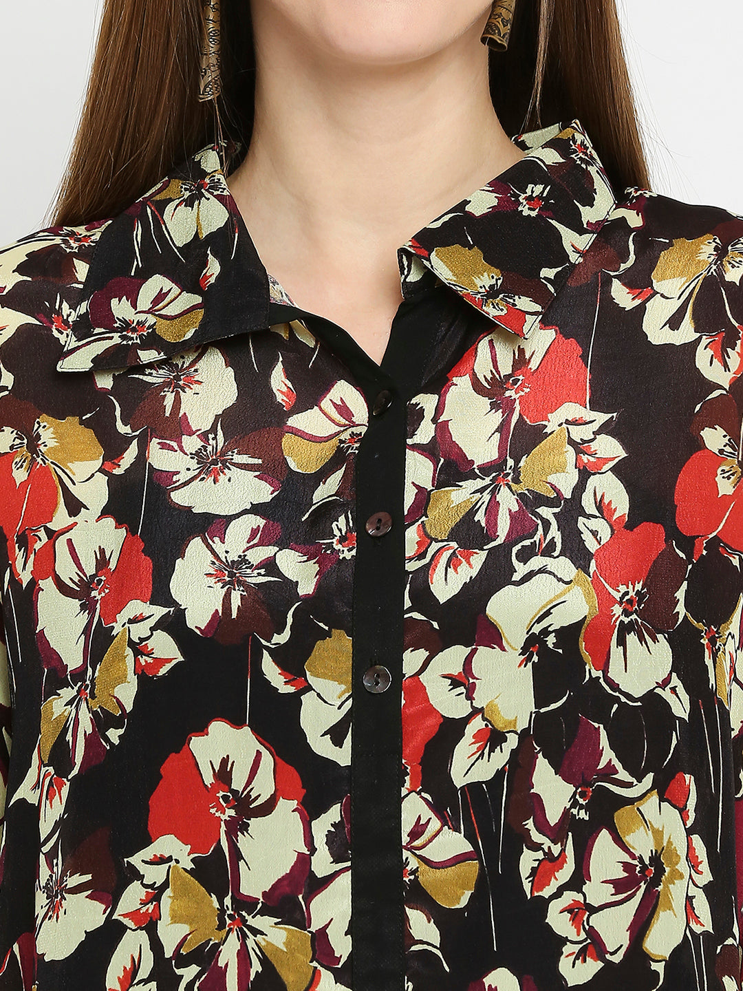 Black Floral Printed Collared  Kaftan Shirt