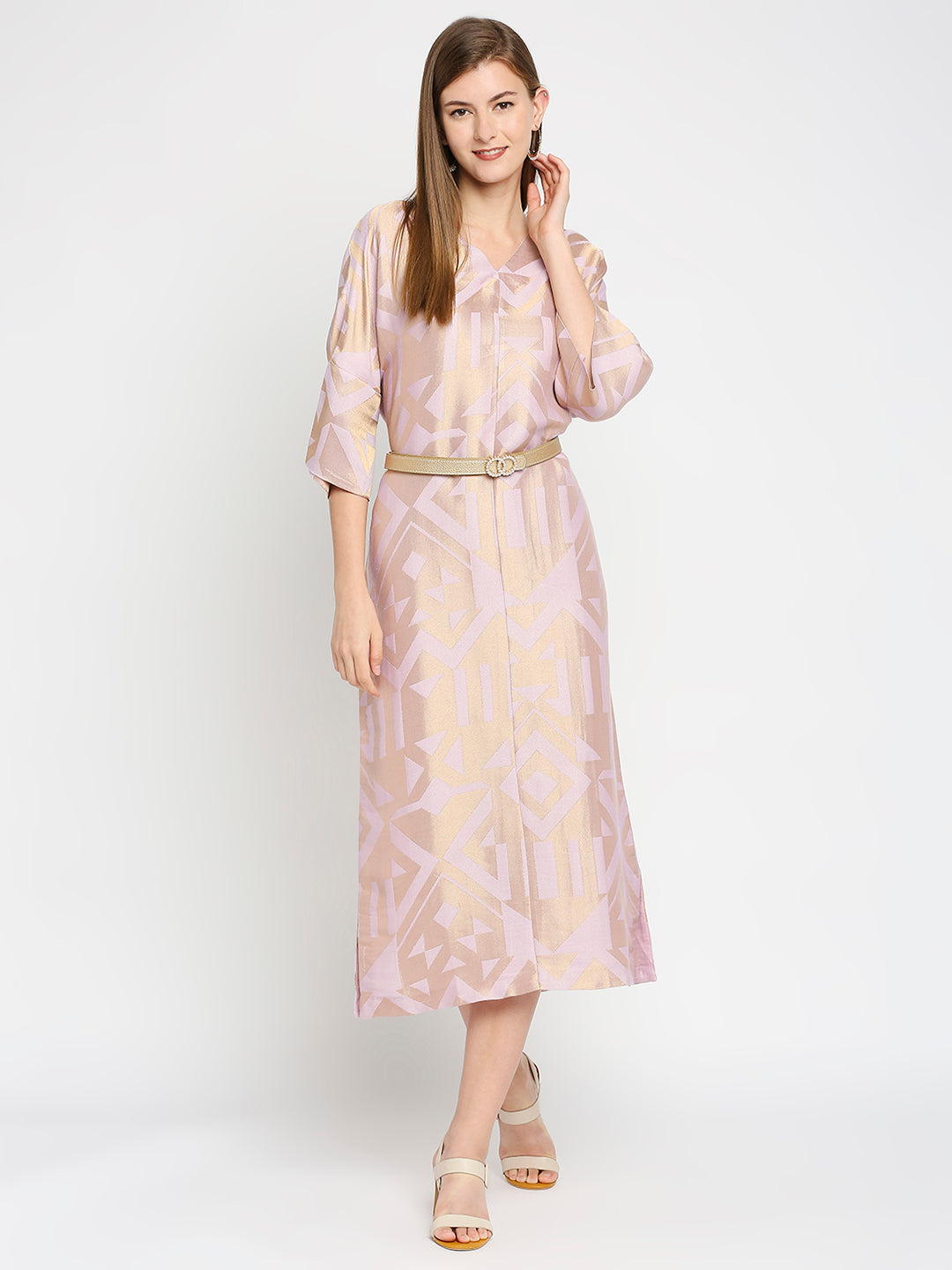 Lilac Geometric Printed Brocade Tunic Dress
