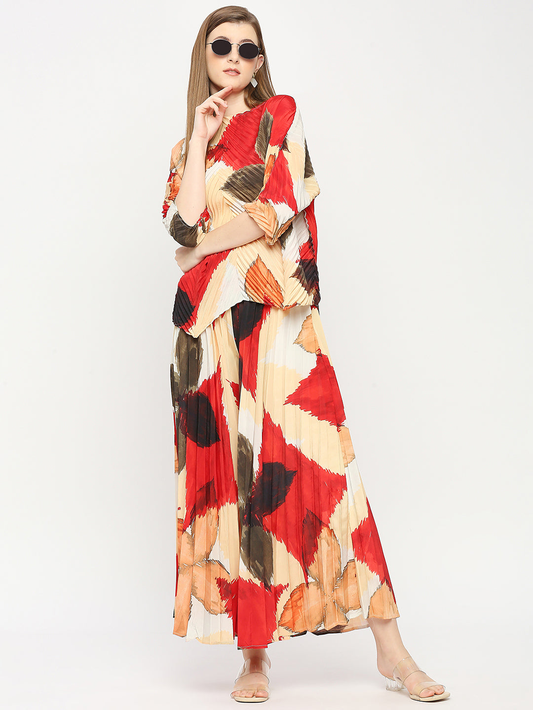 Beige Art Printed Pleated Co-ord Set