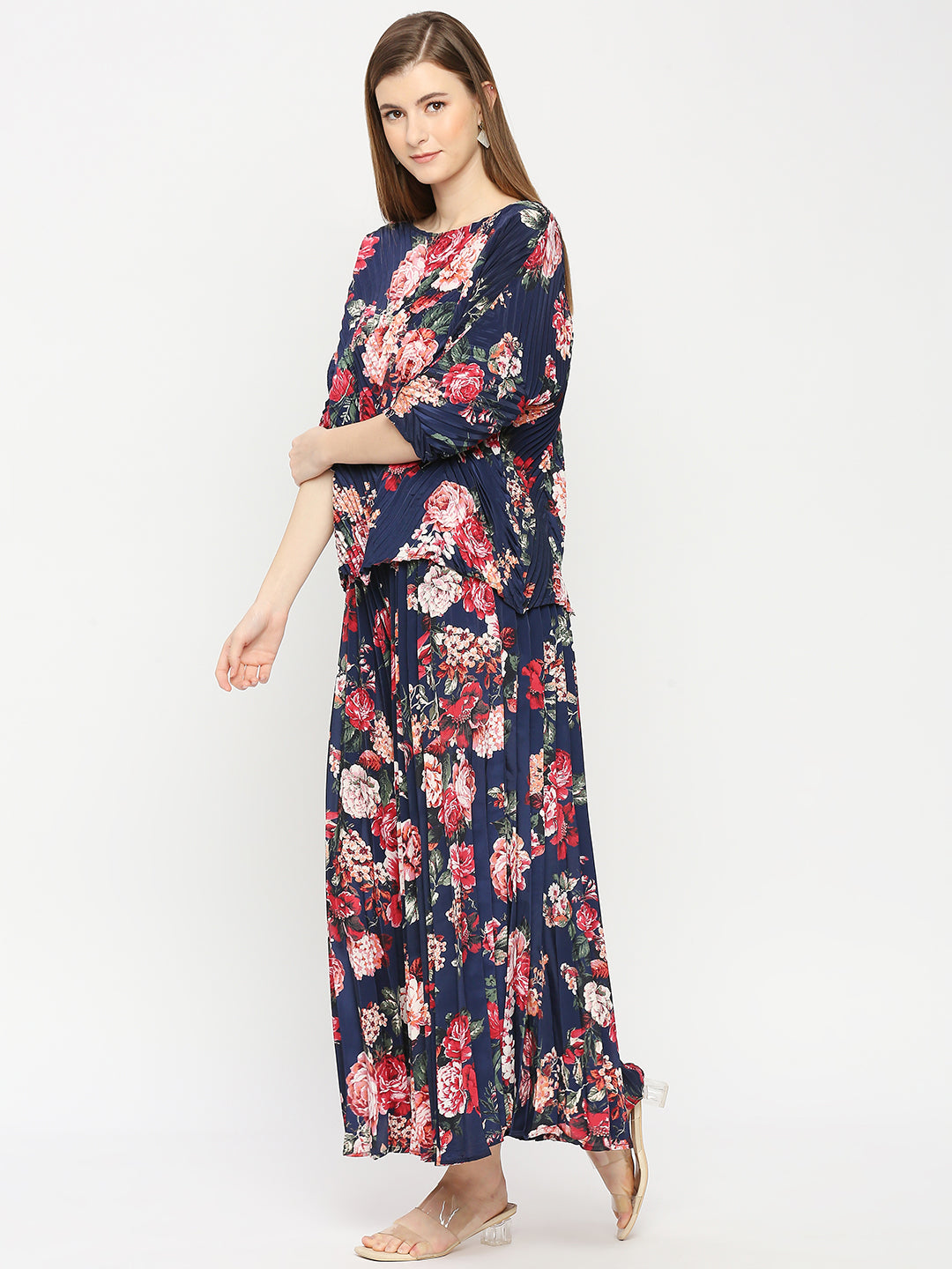 Blue Flower Printed Pleated Co-ord Set