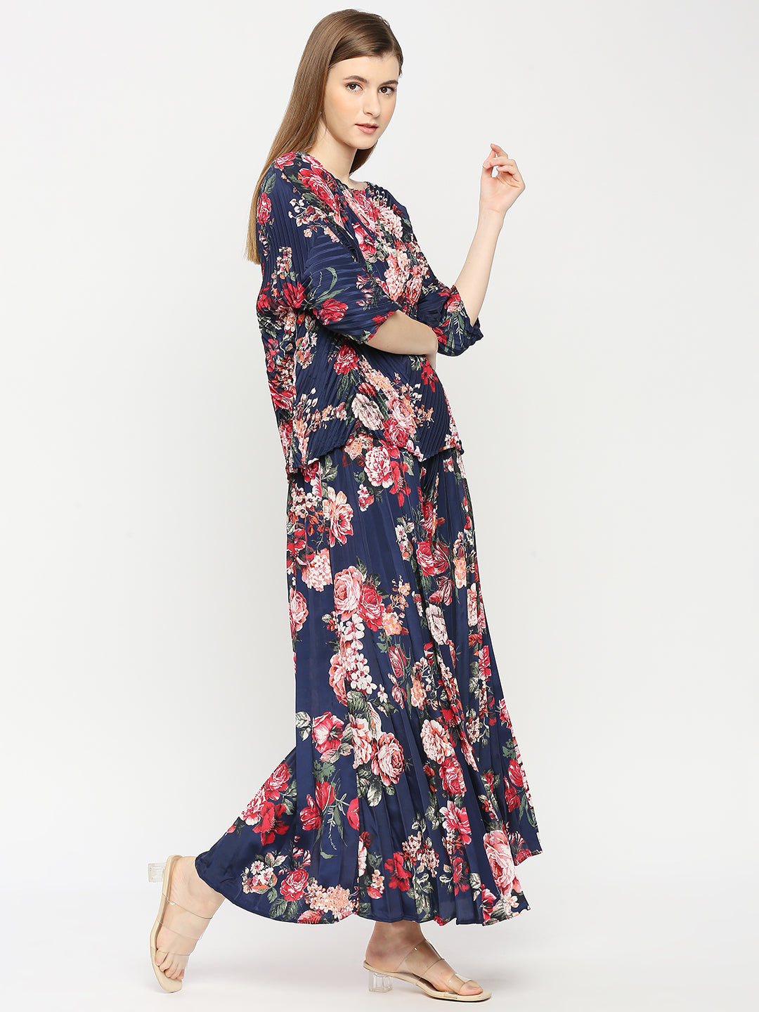Blue Flower Printed Pleated Co-ord Set