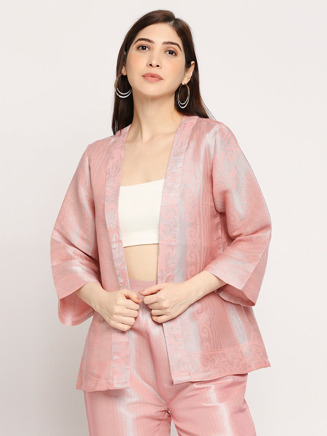 Brocade Peach French Patterned Silver Co-ord Set