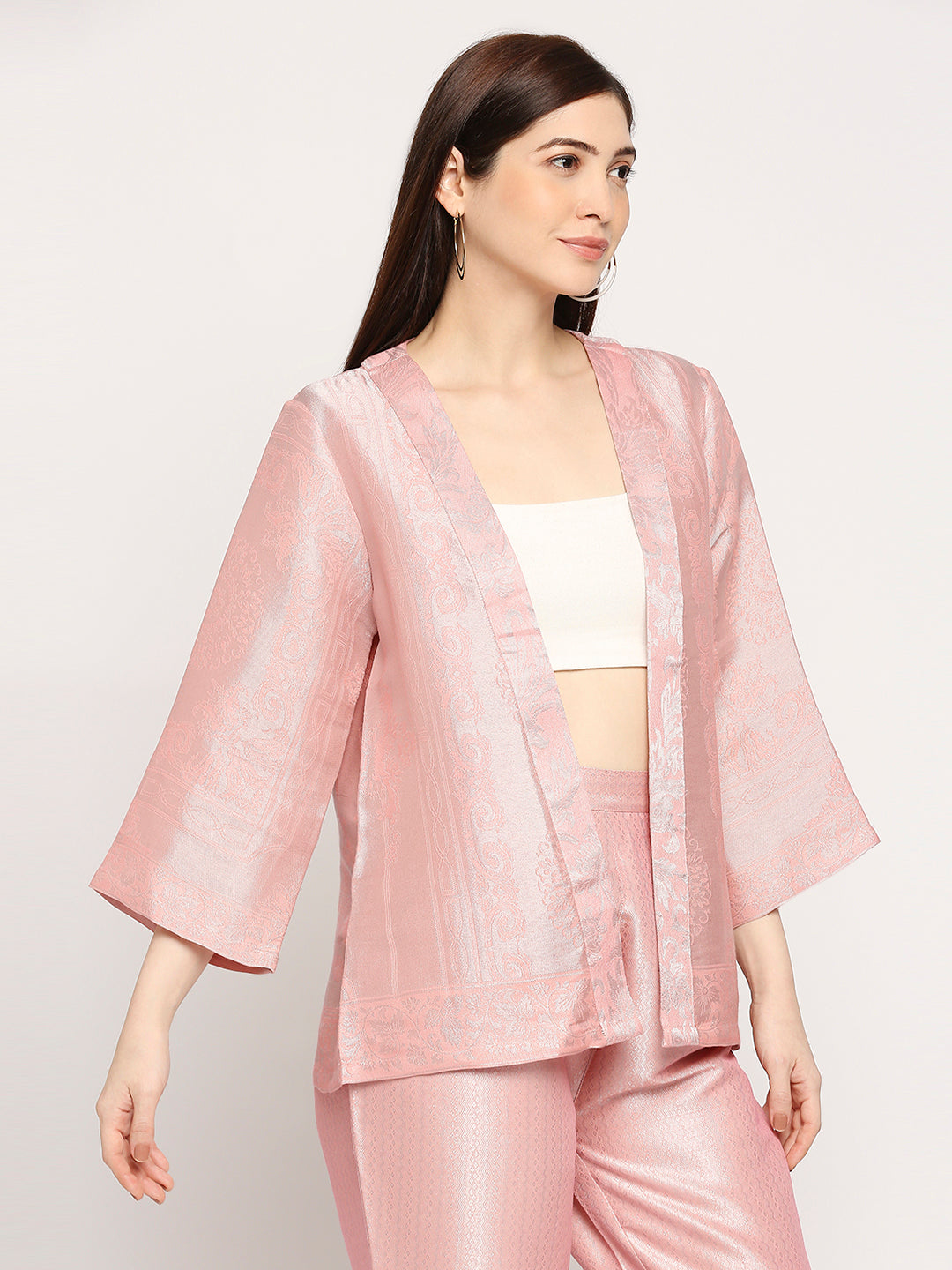 Brocade Peach French Patterned Silver Co-ord Set