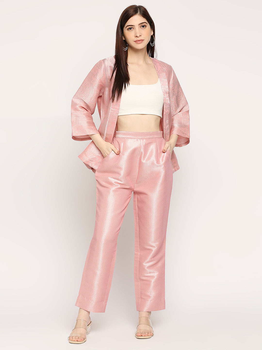 Brocade Peach French Patterned Silver Co-ord Set